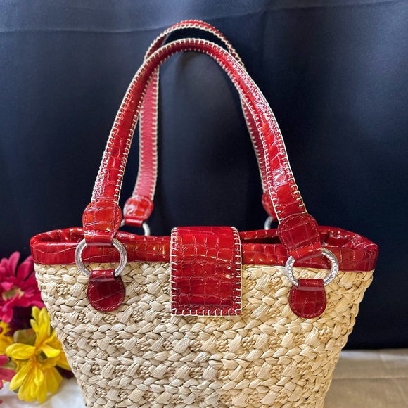 Rare Brighton Straw & Red Leather Trim Shoulder Bag w/Butterfly Magnetic Closure - Picture 2 of 16